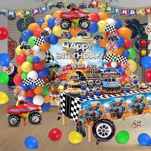 Monster Truck Birthday Decorations, Machines Jam Party Decoration Supplies include Truck Balloons Arch, Tablecloth, Backdrop, Cake Cupcake Toppers, Hanging Swirls, Flags, Truck Birthday Decor for Boys - Image 4