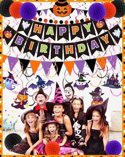 Oomloid Halloween Birthday Party Decorations - Happy Halloween Birthday Banner, Hanging Swirl Streamer, Triangle Flag Bunting for Party Supplies Decorations - Image 5