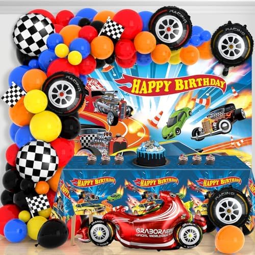 134Pcs Wheels Race Car Birthday Party Supplies Race Cars Balloon Garland Arch Kit Backdrop Tablecloth Monster Truck Wheels Checkered Foil Balloons Racing Signs bDecorations by WelcometoMinFyberd