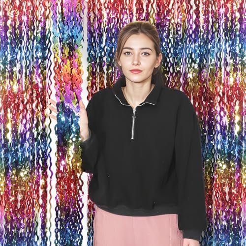 4 Pack Wavy Rainbow Foil Fringe Curtain | 3.3x6.6ft Colorful Tinsel Metallic Streamers Holiday Photo Booth Props Backdrop for Engagement Bridal Shower Unicorn Party Decorations - Image 3
