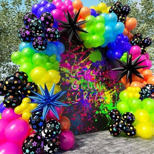 185Pcs Neon Balloons Arch Garland Kit with Glow in the Dark Balloons, Neon Balloons Arch Kit for Back to 80s 90s DISCO Birthday Party Decorations, Let's Glow Party, Rock Roll Party Supplies by PTGOLUO