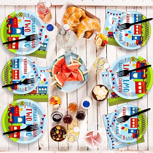 100 PCS Chugga Chugga Two Two Party Supplies Set Train Plates and Napkins 2nd Birthday Party Tableware Packs Decorations Transportation Disposable Paper Plates Napkins Forks For Kids Serve 25 - Image 6