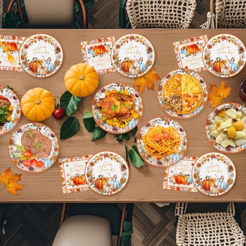 40 Pcs Happy Thanksgiving Paper Plates and Napkins Sets - Disposable Fall Thanksgiving Party Plates Napkins, Maple Leaf Pumpkin Watercolor Tableware for Thanks Giving Party Supplies Table Decorations - Image 2
