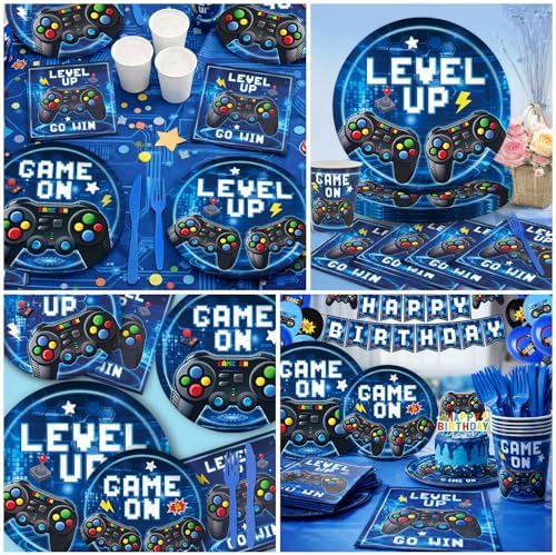 196 Pcs Video Game Birthday Party Decorations (Serves 24), Game Party Tableware Include Banner Hanging Plates Napkins Cups Forks Knifes Tablecloth Topper Balloons for Boy Party (Blue) - Image 5