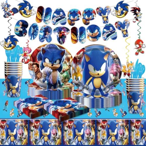 118 Pcs Sonic Birthday Party Supplies Set, anime Theme: 1Banner, 20Cups, 6Hanging Swirls, 30(Spoons+Forks+Knives), 1Tablecloth, 20Plates(9 inch), 20Plates(7 inch), 20Napkins by Tititada