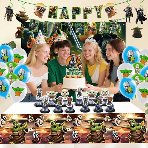 40Pcs Grogu Birthday Decorations Set, Includes Cake Topper, Cupcake Toppers, Balloons, Happy Birthday Banner, Hanging Swirls, Backdrop and Table Cloth for Yoda Party Decorations. - Image 5