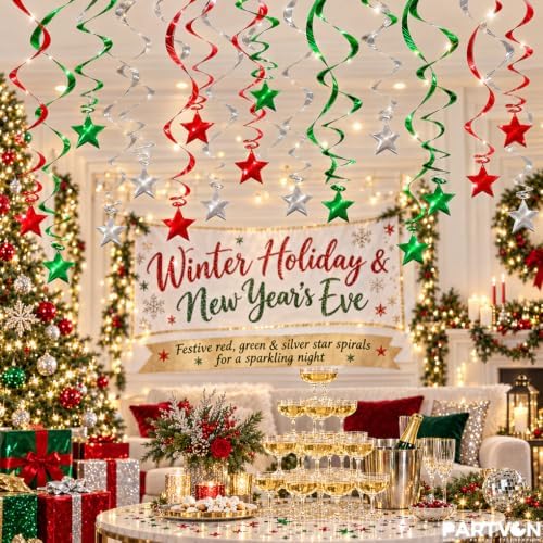 30 Pcs Red Green Silver Hanging Swirl Decorations Foil Ceiling Streamers - Image 3