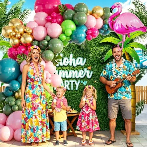 146Pcs Tropical Flamingo Balloon Arch Garland Kit, Hot Pink Dark Green Light Pink Lake Blue Gold with Flamingo Foil Balloons for Hawaiian Luau Aloha Summer Beach Birthday Party Decorations - Image 5
