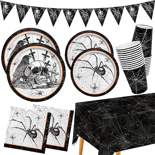 Spider Webs Halloween Party Supplies - Featuring Skull & Spider Themes, All-inclusive Wicked Web Paper Plates, Napkins, Cups, Tablecloth, and Banner. Ideal for Halloween Party Decorations, Serve 25 . by Gatherfun