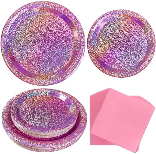 Pink Iridescent Paper Plates & Napkins, 75 Pcs Party Decoration Tableware by Unknown