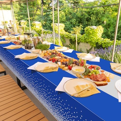 12Pcs Blue Silver Tablecloth Party Decorations,Plastic Royal Blue Table Cloth Printed Silver Table Runner Disposable Rectangle Tables Cover for Anniversary Wedding Graduation 2024 Party,54 x108 Inch - Image 7