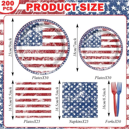 50 Guests 4th of July American Flag Patriotic Party Decorations Plates Napkins 250th Anniversary Themed Tableware Set Veterans Day Party Supplies Independence Paper Plates Napkins 200PCS - Image 2
