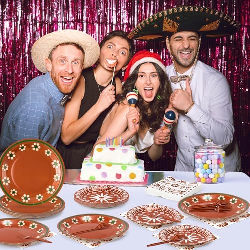 96Pcs Platos De Barro Mexicanos Cielito Lindo Terracotta Clay Party Plates Supplies Tableware Decorations Disposable Paper Plates Napkins Forks for Birthday Wedding Baby Shower, Serves 24 - Image 6