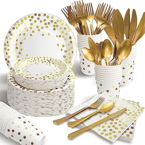AIRE White Gold Dot Paper Plates Set, 175PCS Disposable Dinnerware for 25 by AIRE
