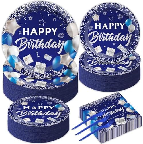 gisgfim 50 Guests Blue Birthday Party Supplies Navy Blue and Silver Plates and Napkins Plastic Forks Happy Birthday Tableware Paper Disposable Plates for Men Women Party 200PCS by gisgfim