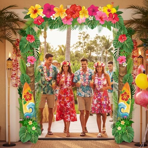 Peryiter 3 Pcs Hawaiian Summer Door Banners Luau Tropical Palm Leaf Flowers - Image 6