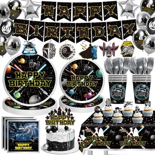 140 Galaxy Wars Birthday Party Decorations, All-in-One Party Supplies Set with Banner, Plates, Cups, Napkins, Balloons, Tablecloth, Hanging Swirls Stickers,Cake Topper,Star Theme Party Tableware Kit by LANFUBEISIPARTYSUPPLIES
