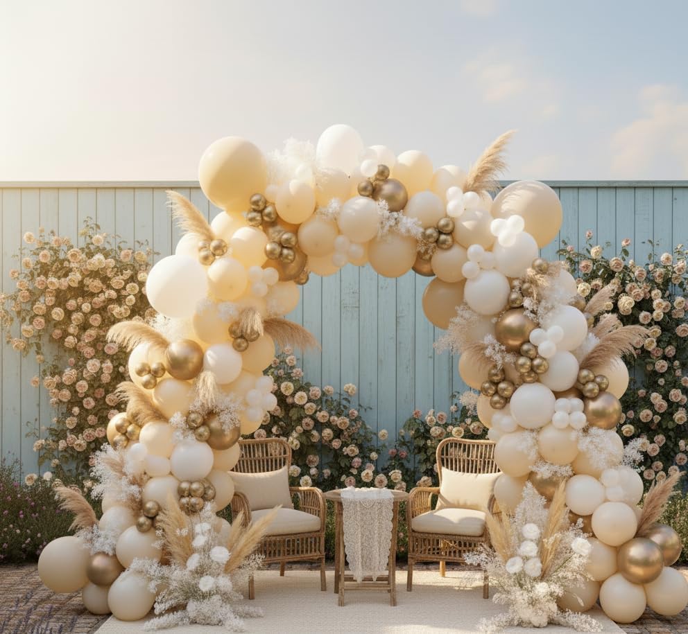 Sand White Gold Balloon Arch Kit, 140Pcs Beige Nude White Balloon with Metallic Gold Balloon Garland Kit for Boho Birthday Wedding Baby Shower Bridal Shower Engagement Prom Party Decorations - Image 6