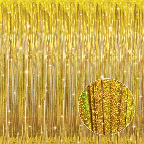 GOER 3.2 ft x 8.2 ft Metallic Tinsel Foil Fringe Curtains Party Photo Backdrop Party Streamers for Birthday,Graduation,New Year Eve Decorations Wedding Decor (1 Pack,Laser Gold) by GOER