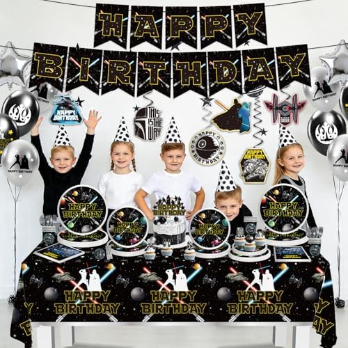 140 Galaxy Wars Birthday Party Decorations, All-in-One Party Supplies Set with Banner, Plates, Cups, Napkins, Balloons, Tablecloth, Hanging Swirls Stickers,Cake Topper,Star Theme Party Tableware Kit - Image 3