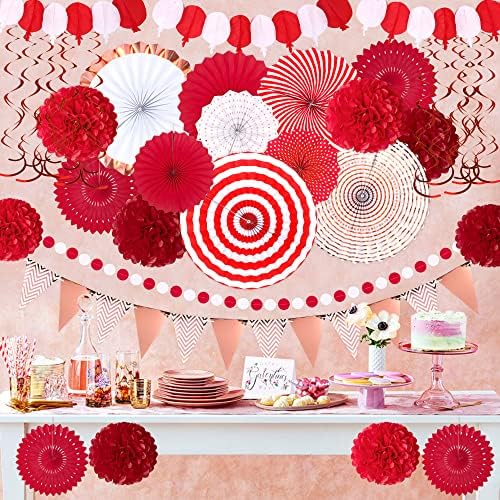 Moon Boat 35PCS Party Decorations Paper Fan Hanging Set - Birthday,Wedding,Baby Shower,Circus,Festival Decor (Red) - Image 6
