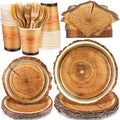 durony 144 Pieces Camping Wood Grain Slice Dinnerware Set Rustic Wood Party Supplies Paper Plates Napkins Serve 24 for Forest Themed Party Decorations Camping Birthday Supplies by durony