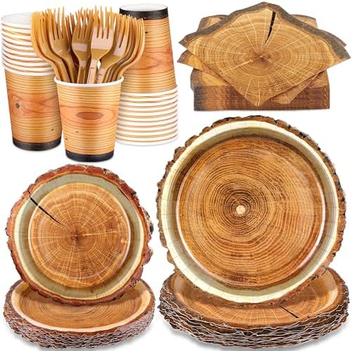 durony 144 Pieces Camping Wood Grain Slice Dinnerware Set Rustic Wood Party Supplies Paper Plates Napkins Serve 24 for Forest Themed Party Decorations Camping Birthday Supplies by durony