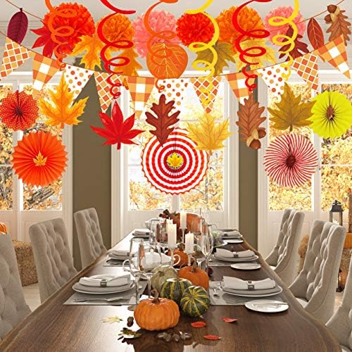 Supla 40 Pack Fall Party Decorations Set – Includes Autumn Hanging Paper Fans Pom Poms Fall Maple Leaves Party Swirls Streamers Fall Banner Backdrop Garland String for Thanksgiving Wedding Birthday - Image 6