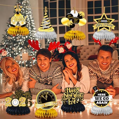 JULMELON 8PCS Happy New Year 2026 Decorations, Honeycomb Centerpieces - Image 6