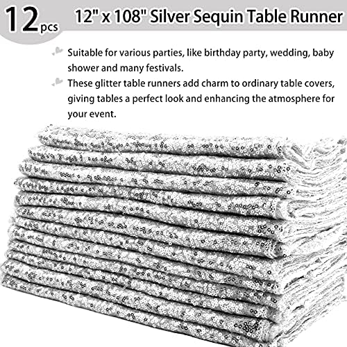 12 Packs 12 X 108 Inch Silver Sequin Table Runner Glitter Dining Table Runner for Birthday Wedding Engagement Bridal Baby Shower Bachelorette Holiday Celebration Party Supplies Decorations (Silver) - Image 2