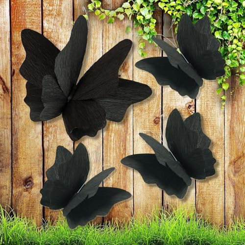 Party Butterfly Decorations, Black 3D Butterfly Birthday Decoration, 4 Pcs Crepe Paper Hanging Decor for Room, School, Black Theme, Flower Party for Garden, Dining Table Decor by SUNBEAUTY