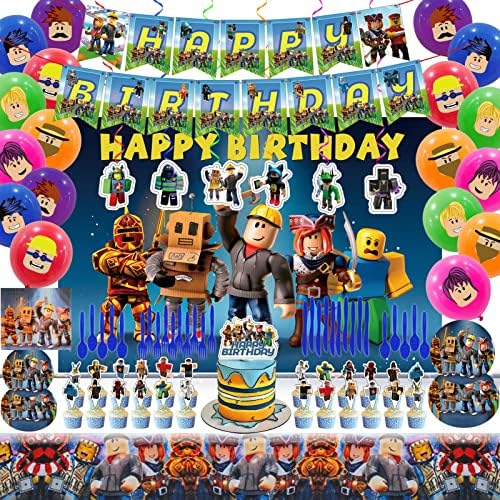 Birthday Party Decorations - Theme Children's Party Supplies Included Happy Birthday Banner, Backdrop, Hanging Swirls, Tablecloth, Cupcake Cake Toppers, Plates, Tableware, Napkins, Balloons by LENEYIZIE