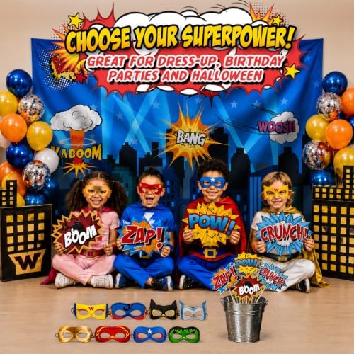 Superheroes Theme Party Photography Backdrop with Prop, Flag & Mask. Super Hero Cityscape Photo Booth Background for Kids Party, Birthday Wall Decorations - Image 2