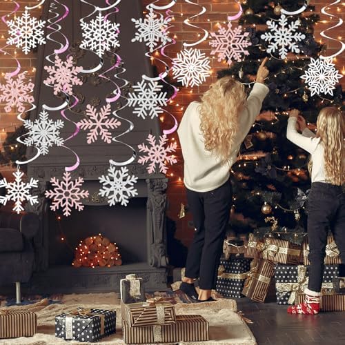 Snowflake Decorations, Christmas Hanging Decor, Pink White Silver, 30-Pc - Image 7