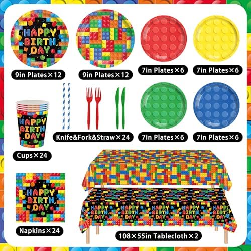 206PCS Building Block Birthday Party Supplies, Plates, Napkins, Cups, Cutlery, Cake & Cupcake Toppers, Banner, Hanging Swirls, Tablecloth, Balloons for Boys Birthday Party Decorations Serve 24 Guests - Image 3