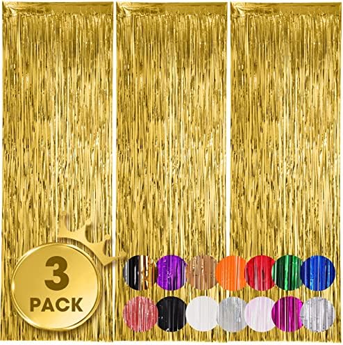 Voircoloria Gold Foil Fringe Backdrop Curtains, 3.3x8.2ft, 3 Pack by Voircoloria
