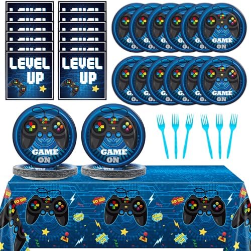 gisgfim Video Game Party Supplies Tableware Set for 20 Guests Gaming Parties Birthday Plates Blue Gamer Party Decorations Includes 7inch Plates, Napkins, Tablecloth by gisgfim