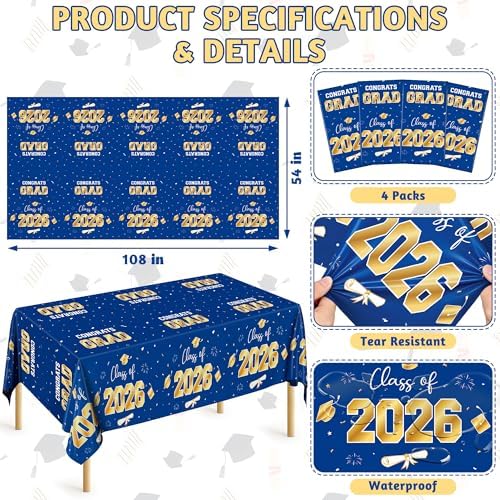 QZYL 4 Pack Graduation Decorations 2026, 54" x 108" Blue and Gold Disposable Graduation Table Cloths, Grad Party Decorations for Class of 2026, Rectangle Plastic Tablecover for College Congrats Grad - Image 2