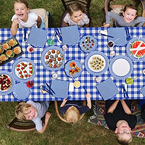 Gatherfun Gingham Blue and White Party Supplies Disposable Paper Plates Napkins Cups Knives Spoons Forks Tablecloth Banner for Birthday Party Family Dinner Picnic Barbecue Father's Day Party, Serve 25 - Image 3