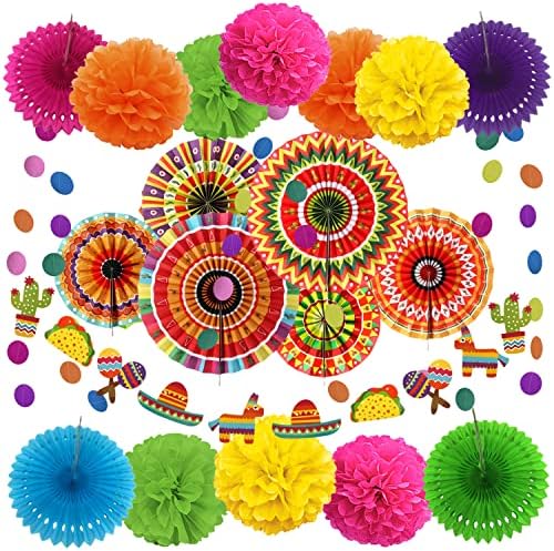 ZERODECO Mexican Party Decorations, 21 Pcs Multi-color Paper Fans, Pom Poms Flowers for Mexican Fiesta Cinco De Mayo Taco Themed Birthday Party Supplies by ZERODECO