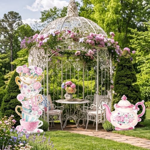 Panelee Wonderland Tea Party Yard Decoration, Wonderland Garden Yard Sign Stand Set Stacked Teacups and Teapot with Brackets for Tea Party Birthday Halloween Outdoor Decoration (Pink Style) - Image 2