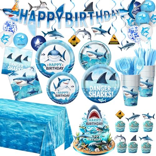 LINHAXM 157 PCS Shark Birthday Party Decorations Includes Plates, Napkins, Cups, Cutlery, Cake Toppers, Banner, Hanging Swirls, Tablecloth, Balloon for Under The Sea Party Decorations by LINHAXM