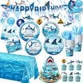 LINHAXM 157 PCS Shark Birthday Party Decorations Includes Plates, Napkins, Cups, Cutlery, Cake Toppers, Banner, Hanging Swirls, Tablecloth, Balloon for Under The Sea Party Decorations by LINHAXM