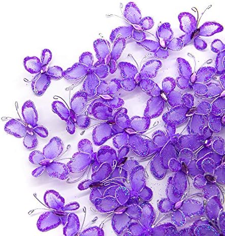 AUEAR, 50 Pack Sheer Mesh Wire Glitter Butterfly with Gem for Home and Wedding Decoration Party Wall Decorations (Purple) by AUEAR