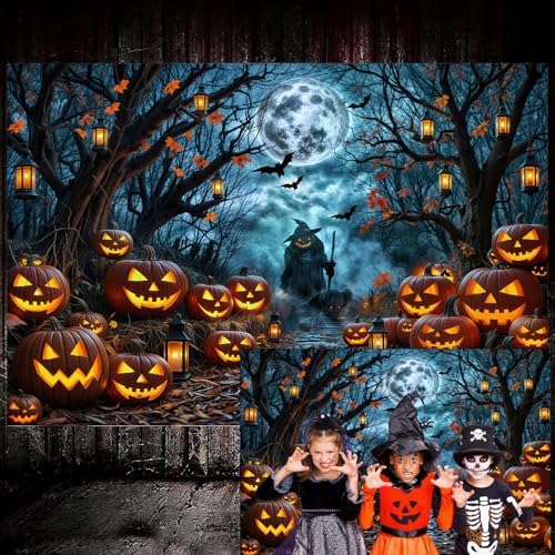 Halloween Misty Dark Forest Backdrop, Moon Night Creepy Scene Dark Pathway Pumpkin Bats Woods Photography Background, Ghost Themed Birthday Party Banner Decor Witch Photo Props 7X5FT by Unknown