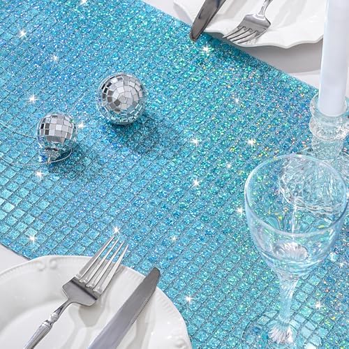 Glitter Disco Party Table Runner 8 Packs 13 x 72 Inch Fancy Blue Sequin - Image 2