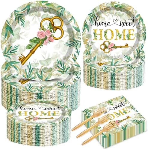 50 Guests House Warming Party Supplies Decoration Housewarming Party Plates and Napkins Forks Sweet Home Tableware Decor Rustic Floral Paper Disposable Plates for New House Wedding Supplies 200PCS by gisgfim
