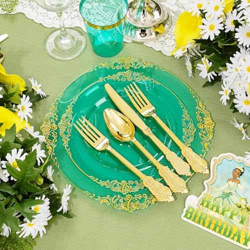 Hioasis 350 Pcs Green Gold Plates for Party - Image 3