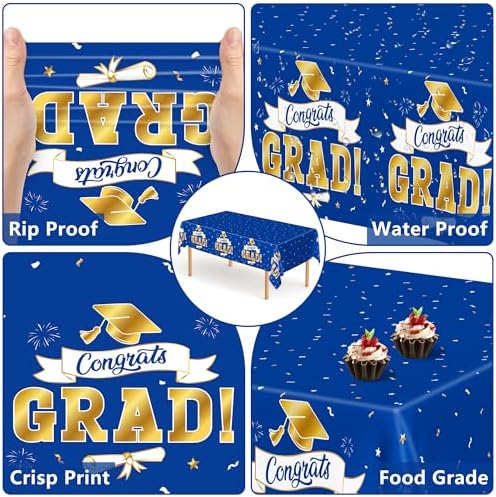 2Pack 2026 Graduation Decorations, 108" X 54" Graduation Tablecloth, Bluegold Disposable Table Cover for Grad Party Favors Supplies, Rectangle Plastic Tablecover for Class 2026 Congrats Grad for Kids - Image 3