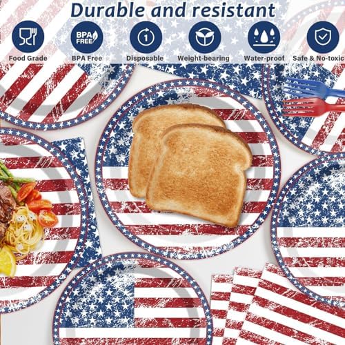 50 Guests 4th of July American Flag Patriotic Party Decorations Plates Napkins 250th Anniversary Themed Tableware Set Veterans Day Party Supplies Independence Paper Plates Napkins 200PCS - Image 3